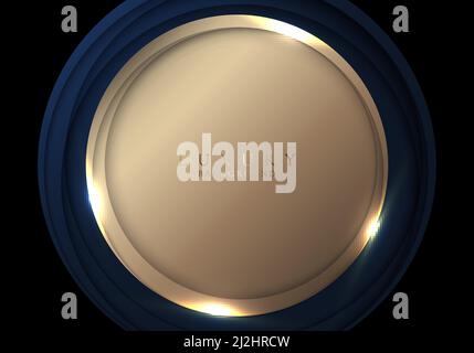Abstract modern luxury 3D blue and golden circles with lighting on black background. Vector illustration Stock Vector