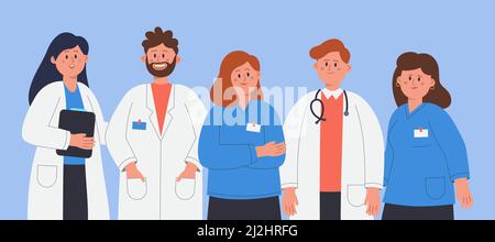 Doctors with stethoscopes, nurses standing together and smiling. Group of female and male medical staff, hospital emergency team in clinic flat vector Stock Vector