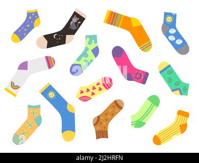 Different cute socks flat vector illustrations set. Collection of stylish trendy cotton or woolen socks for winter with various designs isolated on wh Stock Vector