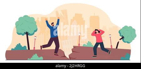 Evacuation of people from danger of earthquake in city. Man and woman running from disaster amid clefts on road, destruction of houses flat vector ill Stock Vector