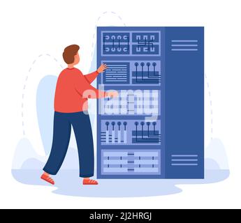 Engineer working with server equipment and switchboard. Technical support of computer infrastructure and cables by male professional electrician flat Stock Vector