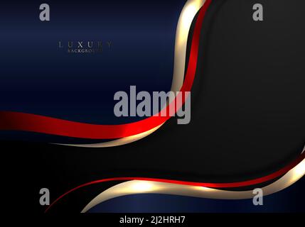 Abstract elegant gold, red and blue curved wave lines with shiny sparkling light on black background luxury style. Vector illustration Stock Vector