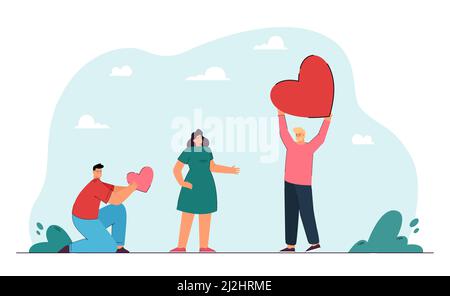 Female cartoon character choosing man holding bigger heart. Girl rejecting male character with small heart, love triangle flat vector illustration. Ro Stock Vector