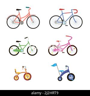 Cute bicycles of different colors set. Vector illustrations of eco city transport for kids or adults. Cartoon collection of balance bikes isolated on Stock Vector