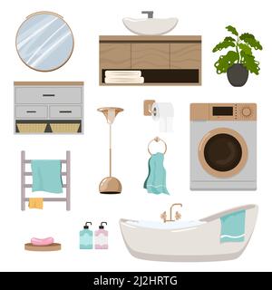 Elements of furniture for home bathroom set. Vector illustrations of decorations and toilet equipments. Cartoon bathtub mirror washbasin washing machi Stock Vector