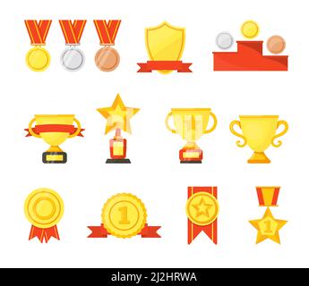 Golden, silver, bronze medals, cups and badges vector cartoon set. Winners trophies awards collection on white studio background. Championship, triump Stock Vector