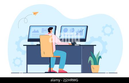 Flat vector illustration of stock trader working on computer with graphs. Man investor using PC analyzing charts diagrams on exchange market. Finances Stock Vector