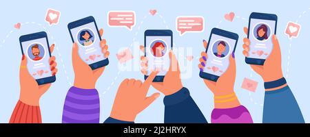 Hands of adult people using dating app. Flat vector illustration. Young men and women flirting, searching love, messaging online with gadgets. Social Stock Vector