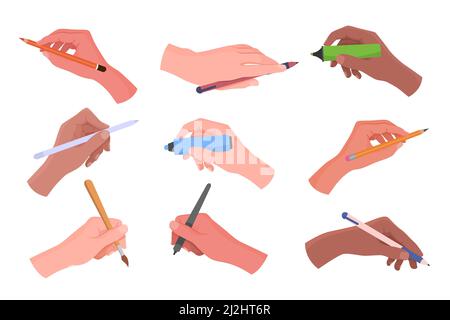 Hands holding writing and drawing tools vector illustrations set. Right and left arms with school supplies: pens, pencils and markers isolated on whit Stock Vector