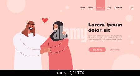 Happy Muslim couple holding hands. Husband and wife in traditional Arabic clothes flat vector illustration. Love, family, relationship concept for ban Stock Vector