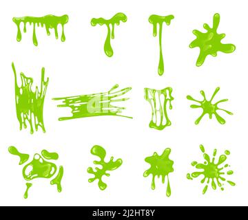 Green slime splashes and blobs set. Vector illustrations of sticky mucus splat or dripping goo liquid. Cartoon slimy droplet and border of different s Stock Vector