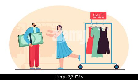 Happy couple shopping in retail clothing store. Tiny woman running to man holding money flat vector illustration. Fashion, online shop sales concept f Stock Vector