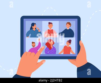 Hands holding tablet  with video call flat vector illustration. Digital device with online group conference or remote meeting of colleagues. Social me Stock Vector