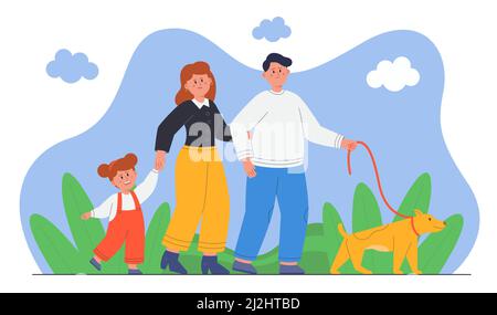 Happy family characters walking outdoor together with dog. Fun walk in city park for mother, father, kid and puppy pet on leash flat vector illustrati Stock Vector