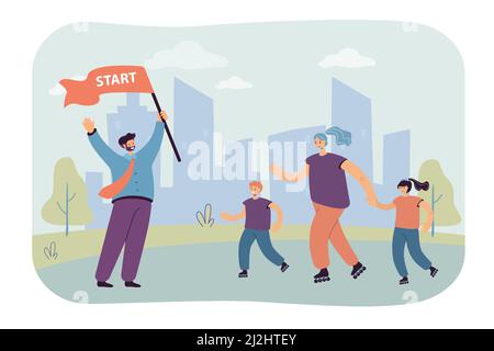 Happy cartoon family roller skating in city park. Mother and children on roller skates, father holding start sign flat vector illustration. Family, ou Stock Vector
