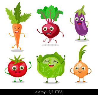 Happy vegetable cartoon characters vector illustrations set. Cute veggies with faces, hands and legs, onion, beet, carrot, cabbage, tomato isolated on Stock Vector