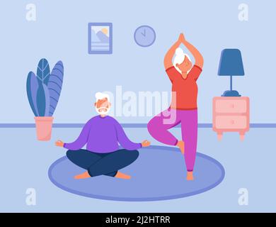 Healthy yoga exercises of elder couple. Happy senior man and woman stretching on mat, doing morning meditation together at home flat vector illustrati Stock Vector