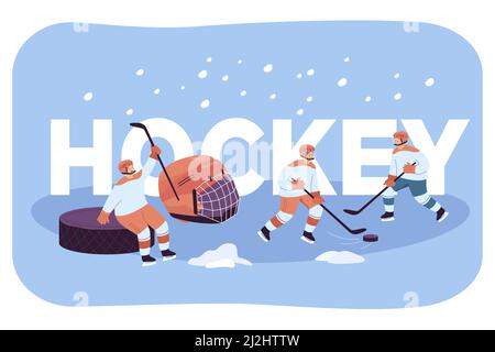 Hockey players in uniform practicing with sticks and puck on ice rink. Male people doing winter sport on background of word hockey flat vector illustr Stock Vector