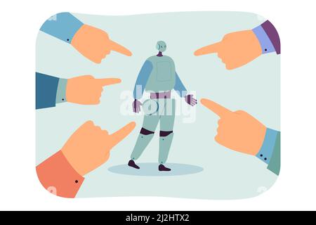 Humanoid robot surrounded by hands pointing fingers. People blaming artificial intelligence flat vector illustration. Fear of modern technologies conc Stock Vector