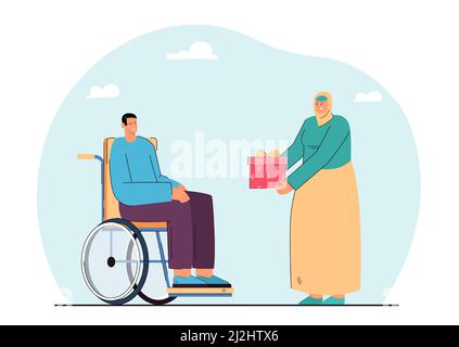Islamic woman giving present to male person in wheelchair. Man with physical disability receiving gift flat vector illustration. Ramadan, support, dis Stock Vector