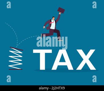 High jump of businessman reducing tax burden. Happy exempt male character with briefcase jumping from flexible spring flat vector illustration. Taxati Stock Vector