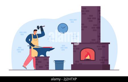 Hard work of blacksmith and craftsman forging iron on anvil. Man in leather apron working with hammer on hot metal stick near forge flat vector illust Stock Vector
