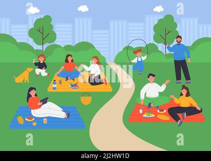 Landscape of summer city park with happy people on picnic. Families with children spending time in nature flat vector illustration. Outdoor activity, Stock Vector