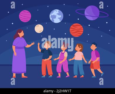 Kids studying astronomy at planetarium. School children, teacher looking on planets of solar system on excursion to observatory flat vector illustrati Stock Vector