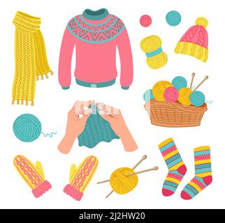 Knitted woolen clothes set. Vector illustrations of apparel, wool balls of yarn in basket. Cartoon scarf hat mittens socks mittens cardigan isolated o Stock Vector