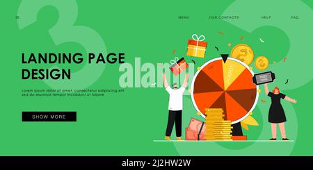 Lucky people winning prize draw standing near fortune wheel. Cartoon vector illustration. Happy winners with gift boxes, balls and jackpot on giant ra Stock Vector