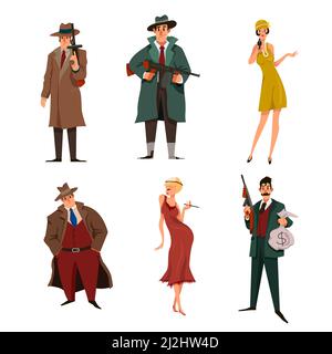 Mafia male and female cartoon characters set. Gansters in hats, killers, bodyguards with guns vector illustration on white background.  Crime, risk, v Stock Vector