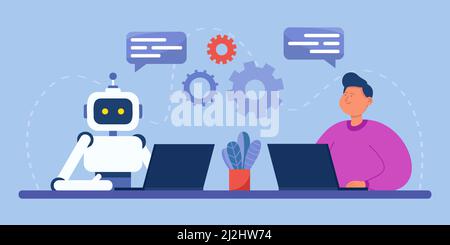 Man and robot with computers sitting together in workplace. Artificial intelligence workforce of future flat vector illustration. Friendship, AI, coop Stock Vector