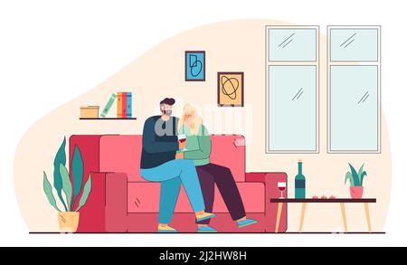 Male and female cartoon characters sitting on couch and drinking wine. Couple enjoying romantic date with candles at home flat vector illustration. Ro Stock Vector