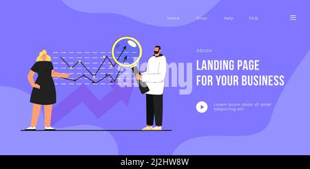 Man and woman examining sales or financial statistics. Male analytic looking at growth curve through magnifier flat vector illustration. Data analysis Stock Vector