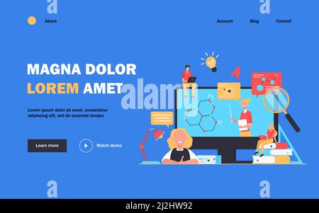 Happy students or pupils watching study webinar isolated flat vector illustration. Cartoon teacher teaching college course online. Computer education Stock Vector