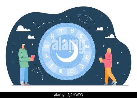 Man and woman looking at star signs in sky and reading horoscope. Tiny people and set of zodiac constellations flat vector illustration. Astrology and Stock Vector