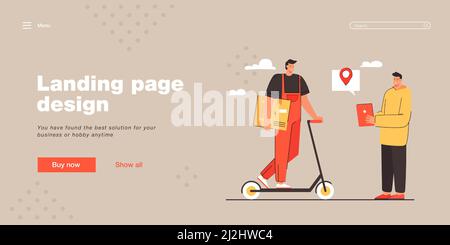 Man delivering goods vector illustration. Young male character on scooter. Deliveryman holding cardboard box. Delivery concept for banner, website des Stock Vector