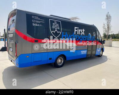 '3.26.2022 - Dubai, UAE - Slovakia Hydrogen Bus Protoype  in Expo 2020 han eco-friendly futuristic vehicle using alternative fuel' Stock Photo