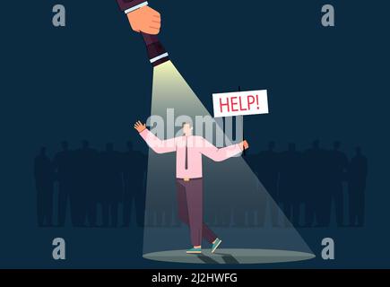 Man going with placard under flashlight. Person in light standing near dark crowd and asking help flat vector illustration. Leadership concept for ban Stock Vector