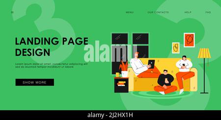 Parents and child holding their cellphones and tablet at home, chatting online on social media. Vector illustration for internet dependence, addicted Stock Vector