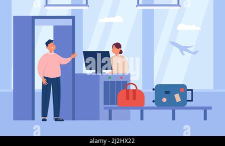 Passenger going through metal body scanner with luggage on belt. Man standing at gate, woman controlling baggage on conveyor flat vector illustration. Stock Vector