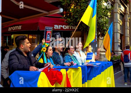Ukrainian protesters protest the Russian invasion in Istanbul. Istanbul Turkey - 3.27.2022 Stock Photo