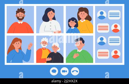 People having video call using phone, computer or tablet and communicating in chat at home. Elderly people, parents, couple chatting online during qua Stock Vector