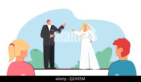 People looking at couple getting married. Happy bride and groom stretching hands to each other flat vector illustration. Wedding celebration concept f Stock Vector