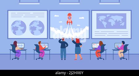 People watching cosmic launch of satellite or ship inside command center. Orbital space flight mission control center room flat vector illustration. S Stock Vector