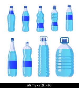 Plastic drinking water bottles set. Cartoon vector illustrations of different shapes and sizes transparent containers and flasks full of liquid isolat Stock Vector