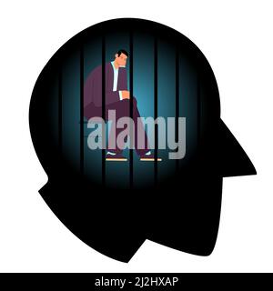 Powerless man with depression in prison of mind. Male character sitting behind narrow prison bars inside abstract human head flat vector illustration. Stock Vector