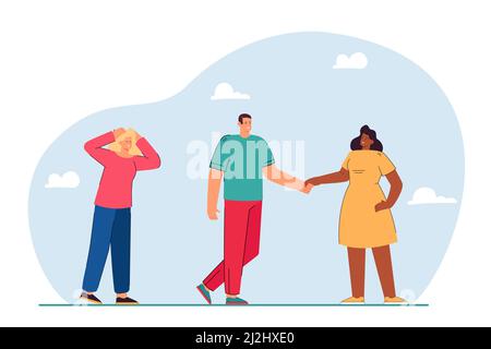 Sad woman looking at happy couple holding each others hands. People in love triangle flat vector illustration. Relationship, jealousy, love concept fo Stock Vector