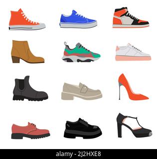 Random female shoes flat vector illustrations set. Summer, autumn and winter foot wear for women, moccasins, boots, trainers, heels isolated on white Stock Vector