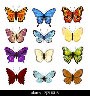 Set of watercolor butterflies. Vector illustrations of insects with different patterns on wings. Cartoon collection of silhouettes with flying butterf Stock Vector